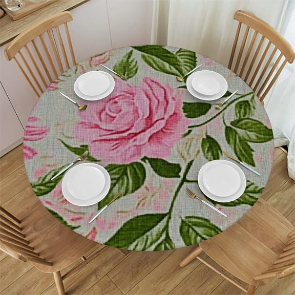 Bciig Pink Fabric Green Leaves Silk Screen Waterproof Resistant Fabric Round Tablecloth Ideal for Indoor Outdoor Restaurants Weddings Parties Stain-Resistant Washable Table Cover 31"-35