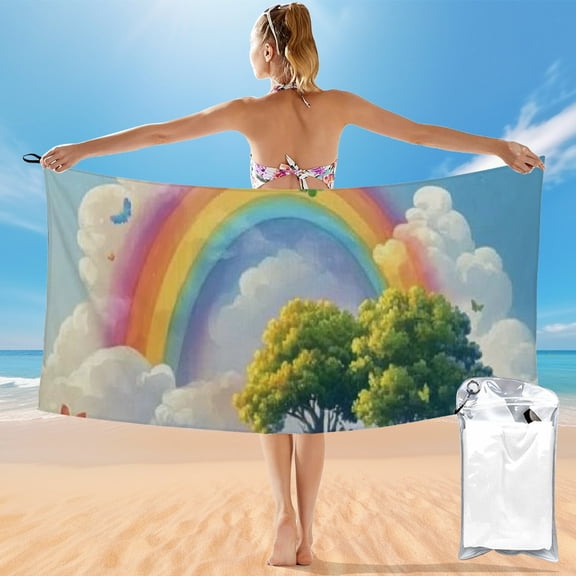 Bciig Quick Dry Bath Towel with Rainbow Trees Clouds Print 27.5x55in Ultra-Fine Fiber Towel for Beach Vacations and Outdoor Recreation 55x27.5in