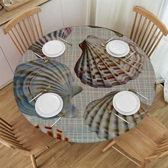 Bciig Seashells Theme Round Tablecloth Waterproof Fabric, Ideal for Indoor and Outdoor Use, Stain-Resistant Table Cover for Restaurants, Weddings, Parties, Multiple Sizes Available 38"-42