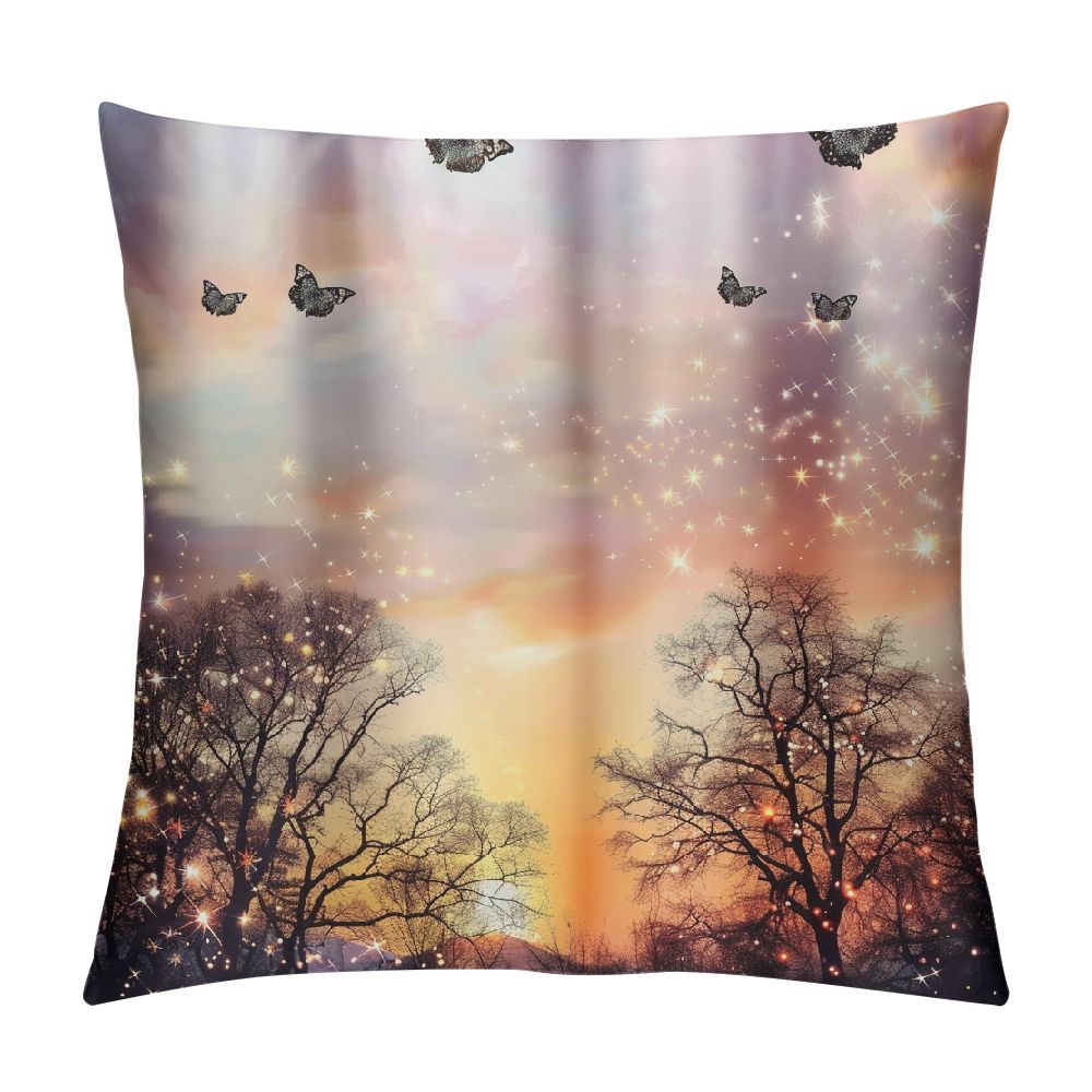 Bciig Sunset Butterflies Trees Graphic Decorative Cotton Linen Throw