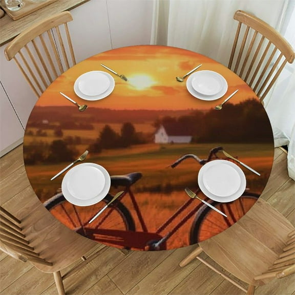 Bciig Sunset Round Tablecloth Stain-Resistant Washable Indoor Outdoor Elastic Edge Table Cover Ideal for Restaurants Weddings Parties 31"-35