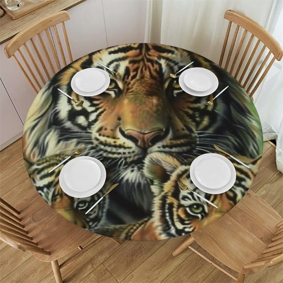 Bciig Tiger Cubs Jungle Round Table Cover Stain Resistant Washable Indoor Outdoor Cloth 100% Polyester Various Sizes Kitchen Dining Wedding Parties 31"-35