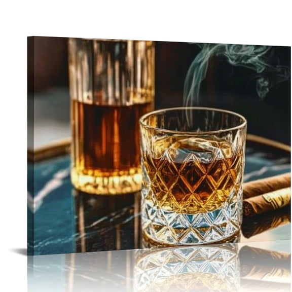 Bciig Whiskey Cigar Luxury Print On Canvas Wall Art Decor for Living Room Bedroom Office, High-Quality Handmade Artwork 20x16in
