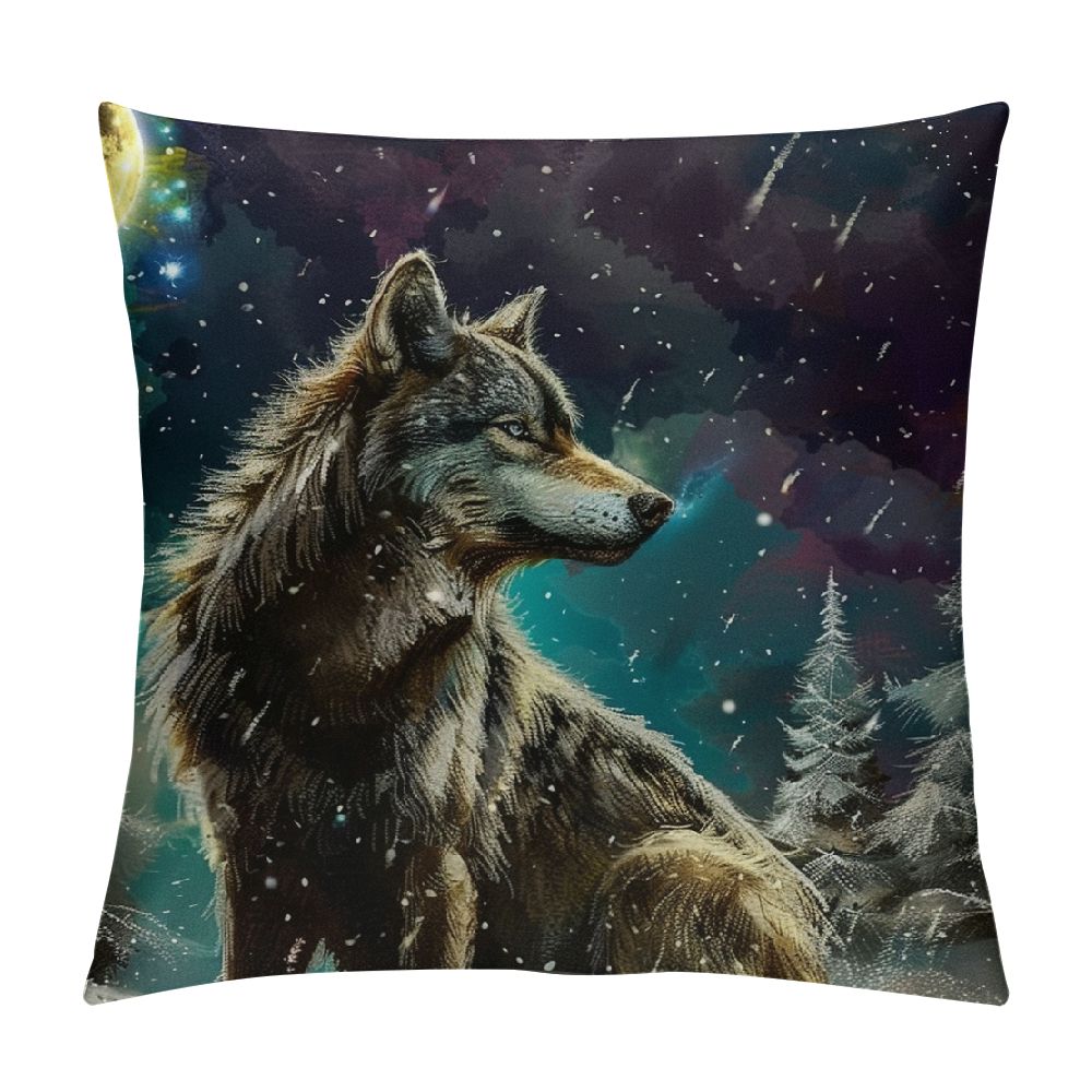 Bciig Wolf Snow Full Moon Graphic Decorative Cushion Throw Pillow Cover