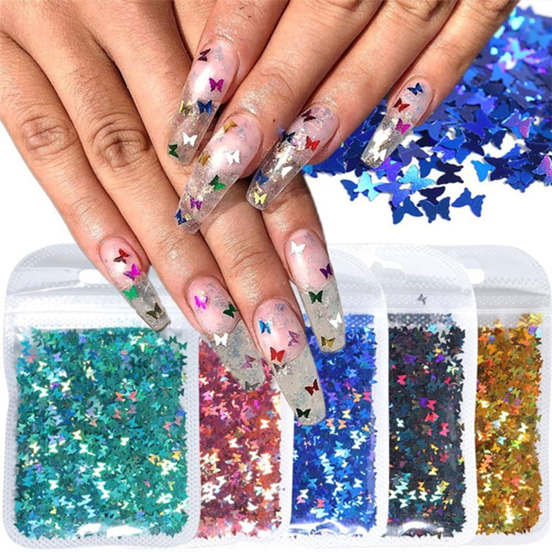 Bcloud Butterfly Holographic Flakes Nail Glitter Sequins Decor Manicure  Tips Slices 