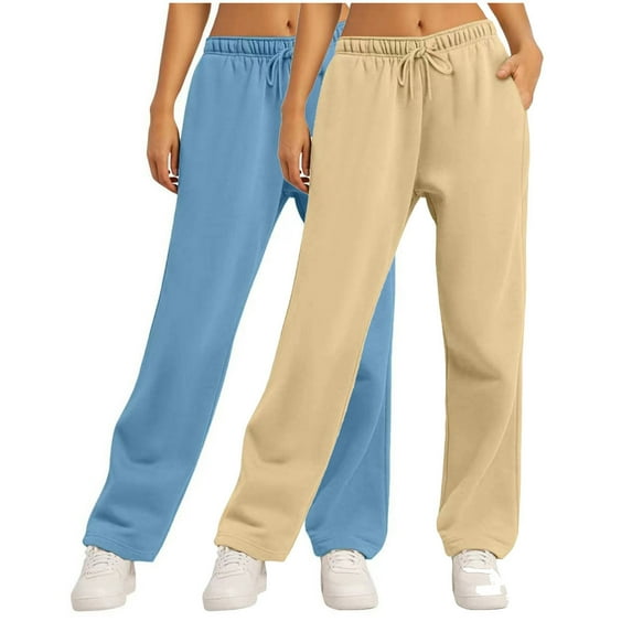 Bcresic 2 Pcs Woman Fleece Lightweight Straight Wide Leg Trousers Trendy Lounge Pants Workout Joogy for Lady,Y05_Khaki,X-Large