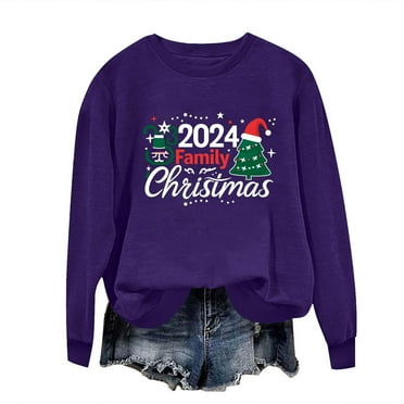 Bcresic 2024 Family Christmas Sweatshirts for Womens Cute Santa Claus Hats Xmas Tree Graphic Printed Pullover Tops Fleece Crewneck Jumper Shirts Holiday Hooded Sweatshirt Clothes,01A_Purple,X-Small