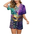 thumbnail image 1 of Bcresic 2026 Summer Pajamas Set for Women,Women's Mardi Gras Loungewear Carnival Feather Printed Sleepshirt Button Down Short Sleeve Lapel 2 Piece Pjs Sets,06-Green,Small, 1 of 7