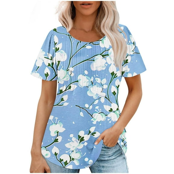 Bcresic 2026 Summer Women Floral Print Tunic Tops Front Pleated Shirts Round Neck Pullover Shirt Short Sleeve Blouse Trendy Spring Outfits,B08-Multicolor,XX-Large