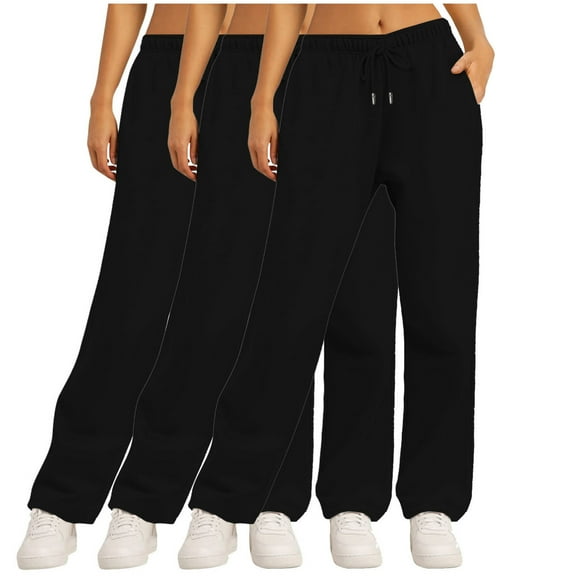 Bcresic 3 Pack Fleece Loose Sweatpant for Women Trendy Straight Wide Leg Pants with Pockets Lounge Sweatpants Casual Solid Color Lounge Trousers,Black,Large