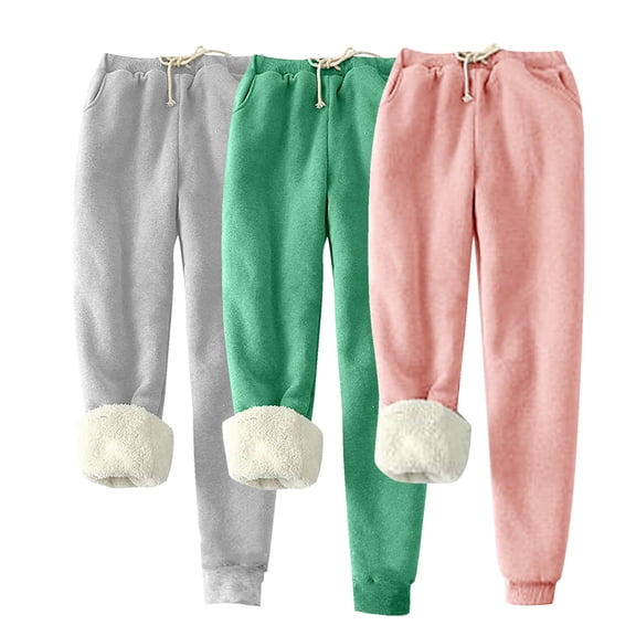 Bcresic 3 pcs Women's Sweatpants with Pockets Soft Solid Jogger Pants Trendy Drawstring Lounge Pant Thickening Fleece Lined Trouser Casual Warm Pencil Trousers with Pockets,Pink #01,XX-Large