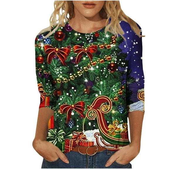 Bcresic Christmas 3/4 Tshirt for Womens Cute Reindeer T Shirts Funny Holiday Xmas Tree Santa Snowflake Tunic Top Casual Crewneck Three Quarter Sleeve T-Shirt Trendy Basic Tees,#06_Red,XX-Large