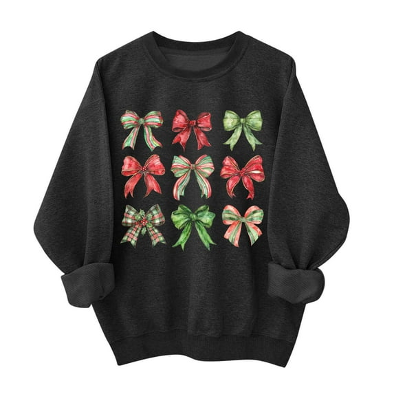 Bcresic Christmas Oversized Tops for Womens Fashion Crewneck Sweatshirts Cute Bowknot Graphic Pullover Fleece Shirts Drop Shoulder Long Sleeve Xmas Holiday Clothes Hoodies Sweaters,01A_Black,Small