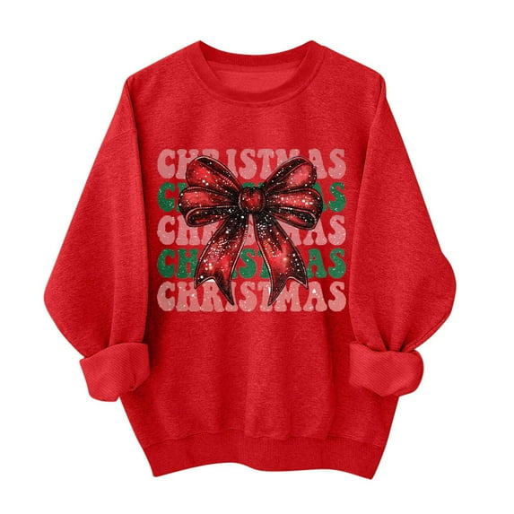 Bcresic Christmas Oversized Tops for Womens Fashion Crewneck Sweatshirts Cute Bowknot Graphic Pullover Fleece Shirts Drop Shoulder Long Sleeve Xmas Holiday Clothes Hoodies Sweaters,01B_Red,Small