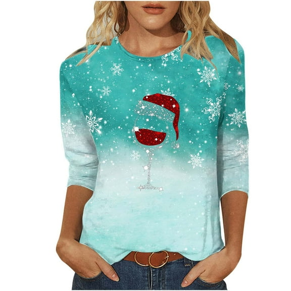 Bcresic Christmas Shirt Womens Xmas Hat Red Wine Glass Graphic T-Shirts Cute Snowflake Colorblock Tunic Tops Casual Crewneck T Shirts Christmas Holiday Basic Tee Blouse 2024,#02_Mint Green,Small