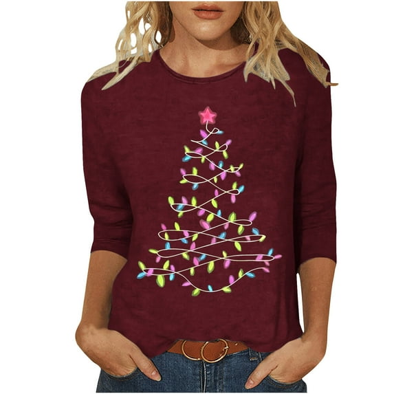 Bcresic Christmas Shirts for Women Glitter Light Up Xmas Tree 3/4 Sleeve Tops Cotton Crewneck Pullover Blouse Cute Classic Basic Tee Shirt Christmas Holiday Gifts Tunic Tshirt,#01_Wine,XX-Large