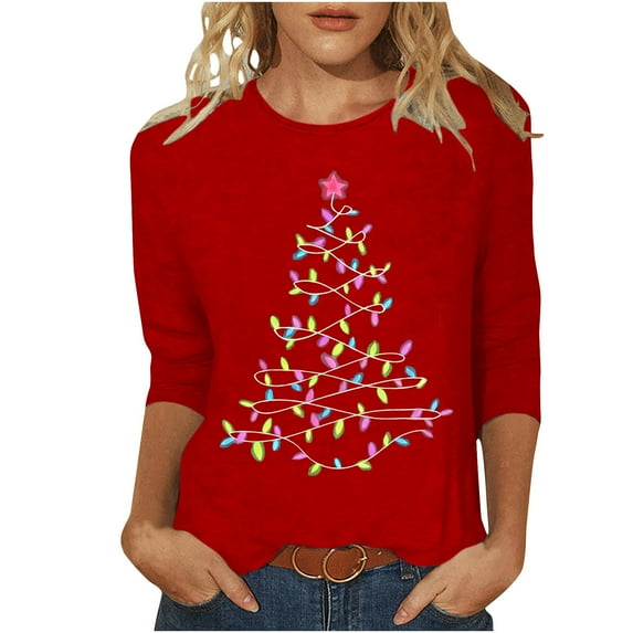 Bcresic Christmas Shirts for Women Glitter Light Up Xmas Tree Print 3/4 Sleeve Tops Cotton Crewneck Pullover Blouse Cute Classic Basic Tee Shirt Christmas Holiday Gifts Tunic Tshirt,#01_Red,Small