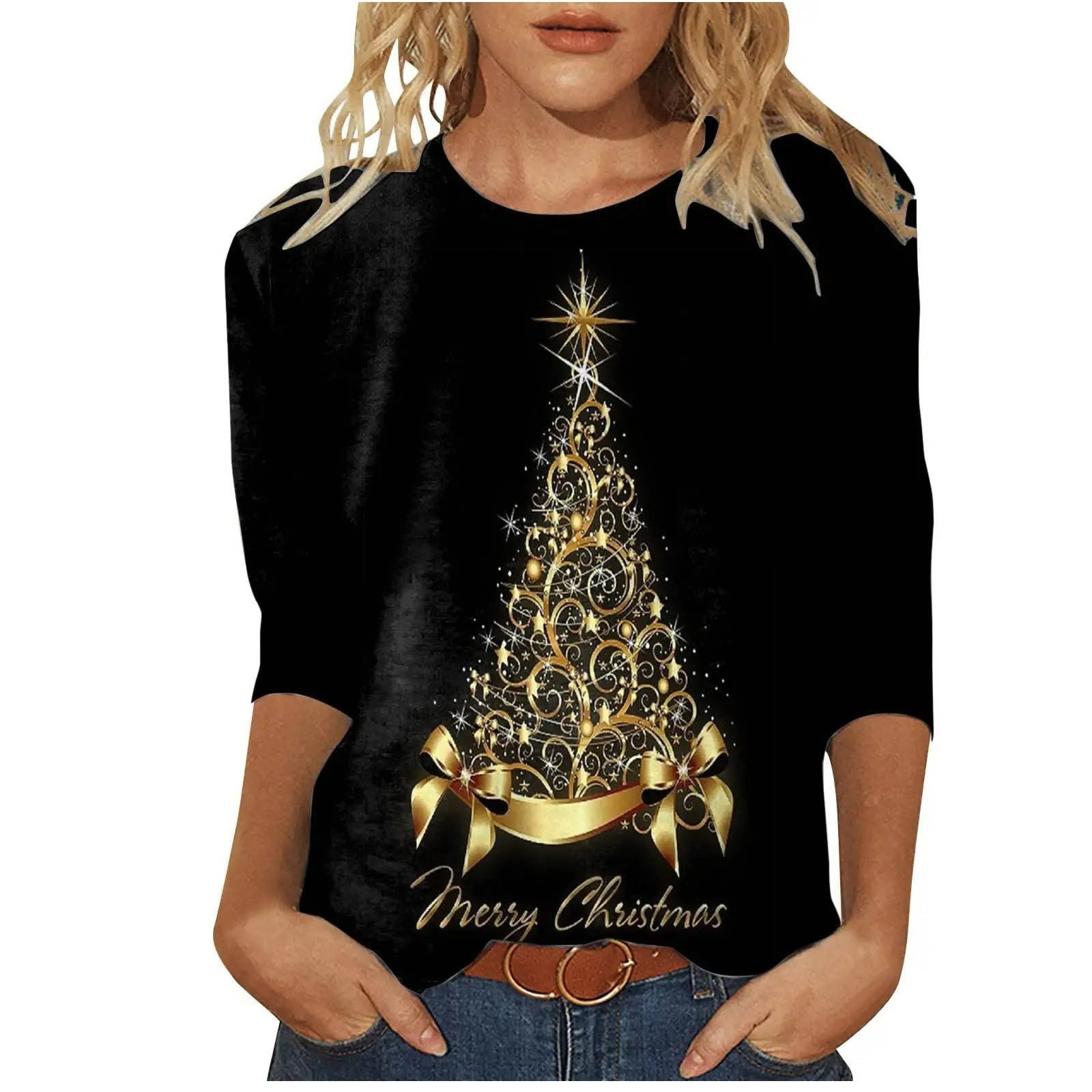 Bcresic Christmas Shirts for Women Glitter Xmas Tree Graphic Tees 3/4 ...