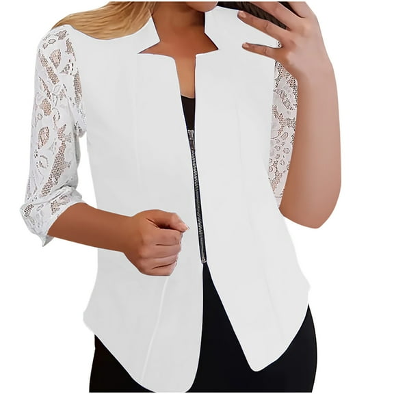 Bcresic Clearance,Blazer for Women Casual Front Pleated Zip Up Jackets Fashion Lace Long Sleeve Blazers Lightweight Office Work Suit Jacket Notch Collar Office Work Jackets(White,XXL)