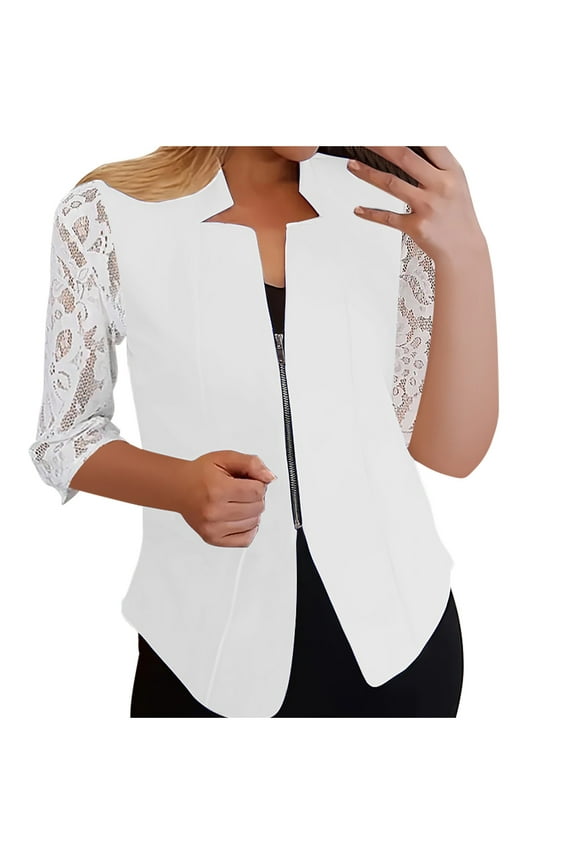 Clearance,Blazer for Women Casual Front Pleated Zip Up Jackets Fashion Lace Long Sleeve Blazers Lightweight Office Work Suit Jacket Notch Collar Office Work Jackets(White,XXL)