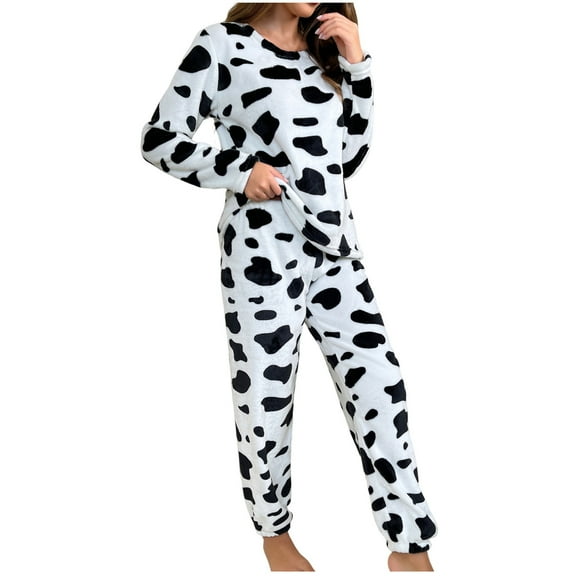 Bcresic Clearance Cow Pajama Womens 2 Piece Pjs Set Flannel Sleepwear Long Sleeve Loungewear Winter Warm Housecoat Crew Neck Nightgown Color Block Pajamas,White,Large