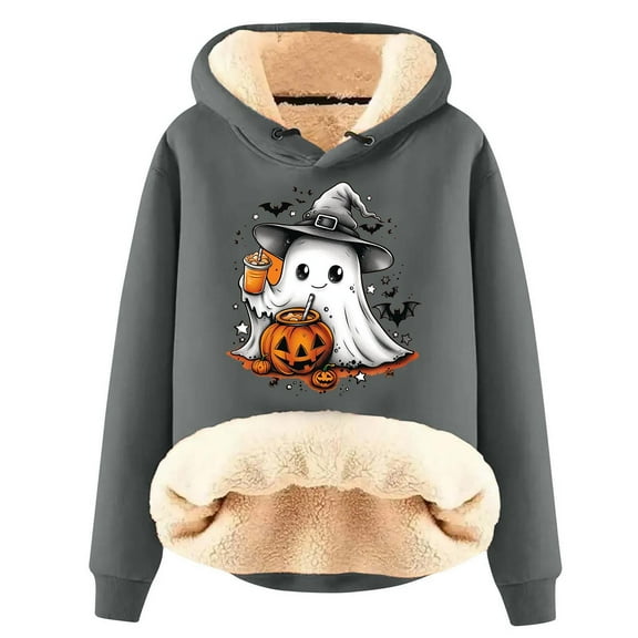 Bcresic,Fleece Lined Hooded for Women Spooky Oversized Sweatshirt Women Cute Ghost Sweater Winter Warm Long Sleeve Pullovers Top(Gray,XXXL)