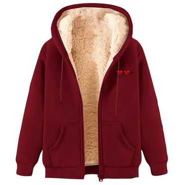Meihcang Fleece Lined Jacket Women Winter Coat Full Zip Up Hooded Jacket Cute Heart Print Long Sleeve Warm Fleece Outerwear With Pockets Red XL