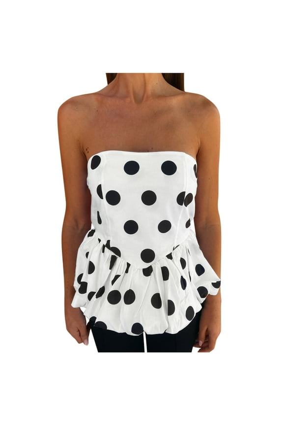 Fashion Outfits Women's Ruffle Tube Top Black Polka Dot Print Tshirt Strapless Bandeau Tops Peplum Hem Shirt Casual Sleeveless Tanks Summer Vacation Clothes,White,Medium