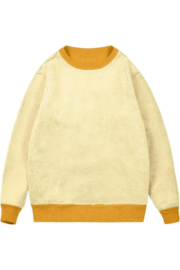 Hoodie Coat,Men's Fleece Sweatshirt Sherpa Lined Crewneck Pullover Shirts Winter Warm Long Sleeve Sweatshirts Thermal Thick Solid Color Sweaters(Yellow,XL)