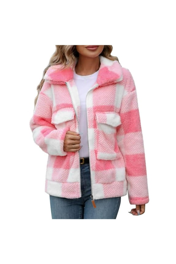 Womens Fuzzy Fleece Jacket Color Block Cardigan Coats Lapel Outerwear Long Sleeve Jackets Ladies Elegant Coat with Pockets 2024 Fall Winter Clothes Clearance,Pink,Small