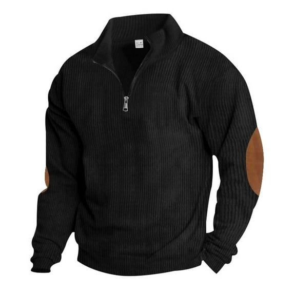 Bcresic Sweatshirts Corduroy Sweatshirt Men Quarter Zip Ribbed Pullover Mock Neck Long Sleeve Sweaters Turtleneck Polo Shirts Vintage Waffle Sweatshirts with Elbow Patches(Black,XL)