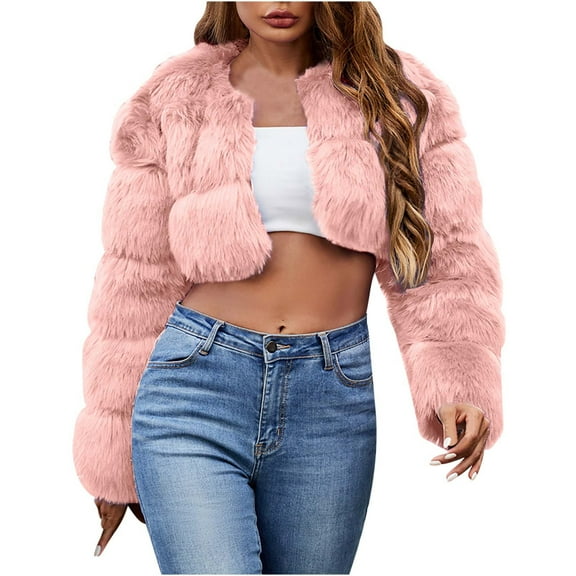 Bcresic Clearance Sale,Furry Crop Jackets for Women Shaggy Crew Neck Cropped Winter Coat Fluffy Faux Fur Jacket Fashion Long Sleeve Fuzzy Outerwear(Pink,M)