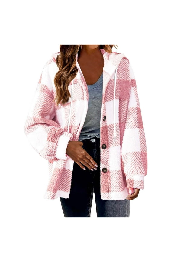 Sweatshirts Women's 2024 Plaid Flannel Shacket Fleece Button Down Hoodies Boyfriend Sherpa Lined Oversized Coat Long Sleeve Jackets(Pink,L)