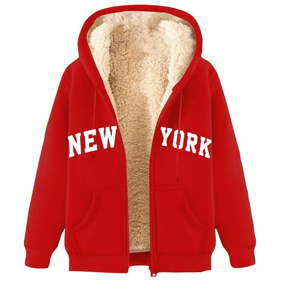 Bcresic Women's Casual Full Zip Up Jacket Sherpa Lined Hoodie Fashion Fleece Thicken Coat with Hood Winter Warm Jackets with Pocket(Red,XXL)