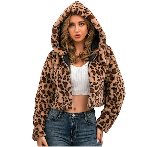 Bcresic Clearance Sale,Women's Faux Fur Crop Coat Full Zip Fleece Sherpa Jacket Trendy Leopard Cropped Jackets Open Front Fuzzy Hooded Cardigan Coats with Hood(Brown,S)