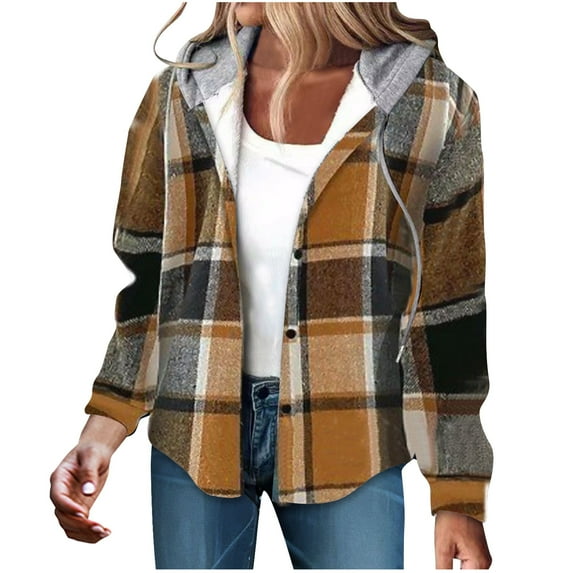 Bcresic Clearance Sale,Womens Flannel Plaid Hoodie Jacket Shacket Long Sleeve Button Down Fleece Hooded Winter Warm Sherpa Lined Coat Casual Drawstring Fall Shirts(Brown,XL)