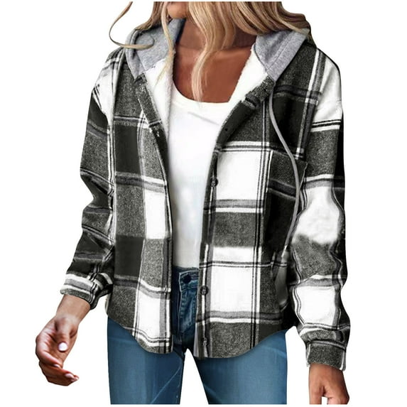 Bcresic Clearance Sale,Womens Flannel Plaid Hoodie Jacket Shacket Long Sleeve Button Down Fleece Hooded Winter Warm Sherpa Lined Coat Casual Drawstring Fall Shirts(Black,M)