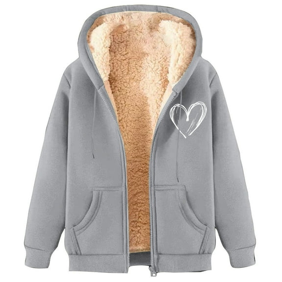 Bcresic Sweatshirts Womens Winter Jacket Warm Full Zip Sherpa Lined Hoodies Coat Fleece Thermal Jackets Full Zip Casual Thick Coats Pockets with Drawstring(Gray,XL)