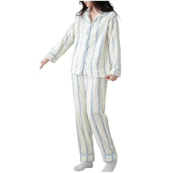 Bcresic Clearance Winter Loungewear Womens Flannel Pajamas Sets 2 Piece Color Block Sleepshirt Lapel Neck Nightgown Long Sleeve Sleepwear Elastic Waist Pjs Set,White,Medium