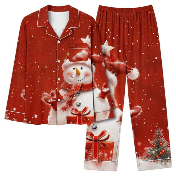 Bcresic Clearance Women Christmas Sleepwear Two Piece Pajama Sets Snowman Nightgown Button Down Loungewear Lapel Pajamas Long Sleeve Lounge Set for Womens,B01-Multicolor,XX-Large