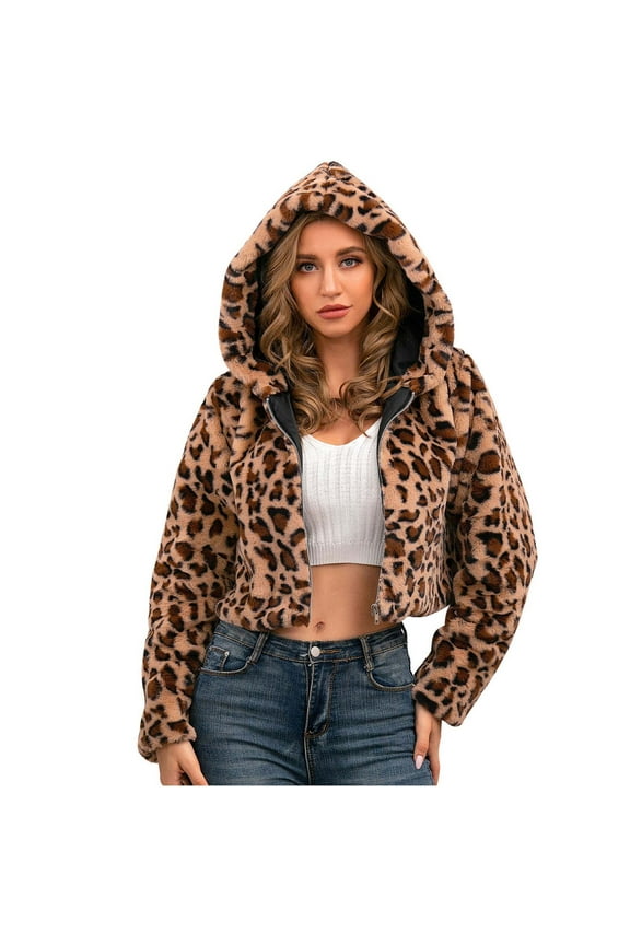 Clearance,Women's Faux Fur Crop Coat Full Zip Fleece Sherpa Jacket Trendy Leopard Cropped Jackets Open Front Fuzzy Hooded Cardigan Coats with Hood(Brown,M)