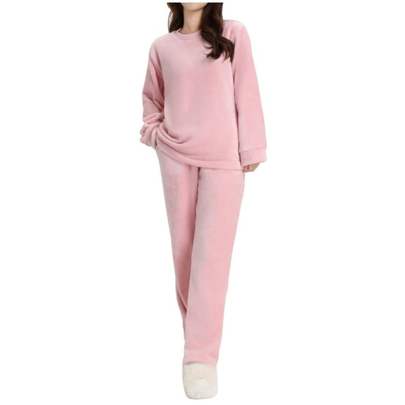Bcresic Hoodie Coat Women's Flannel Pajamas Long Sleeve Sleepwear 2 Piece Pajama Set Elastic Waist Trousers Round Neck Nightwear Fleece Warm Loungewear Winter Pjs Sets,Pink,Medium