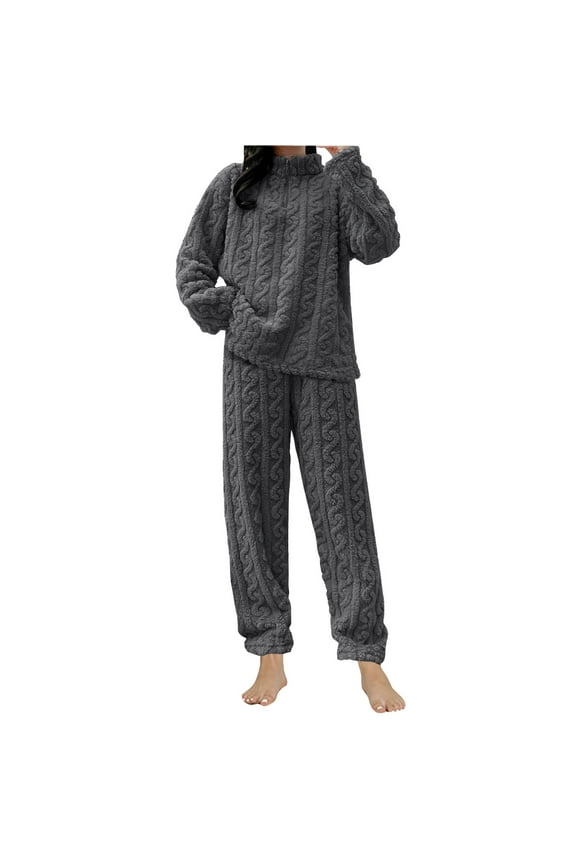 Hoodie Coat Womens Pajamas Long Sleeve Pj Set Fleece Sleepwear 2 Piece Soft Nightwear Half Zipper Loungewear Sets Elastic waist Trouser Winter Warm Outfits Saving,Gray,One Size