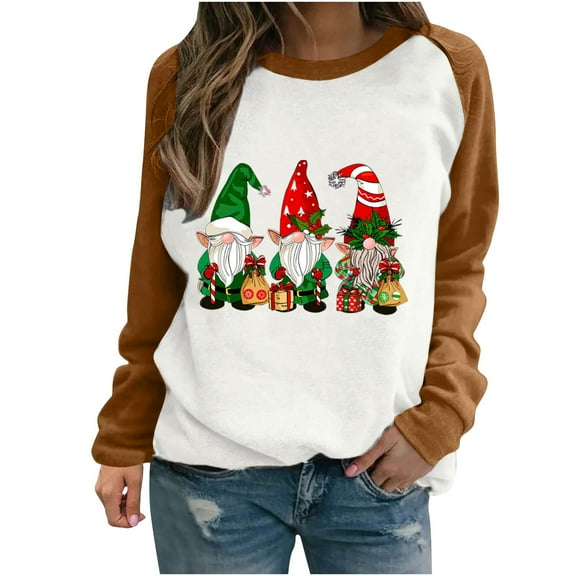 Bcresic Cute Gnomes Graphic Shirts For Christmas Womens Long Sleeve Drop Shoulder Tunic Tops Casual Crewneck Tunic Shirt Xmas Tree Basic Tee Shirt Loose Fit Pullover Blouses,01A_Brown,X-Large