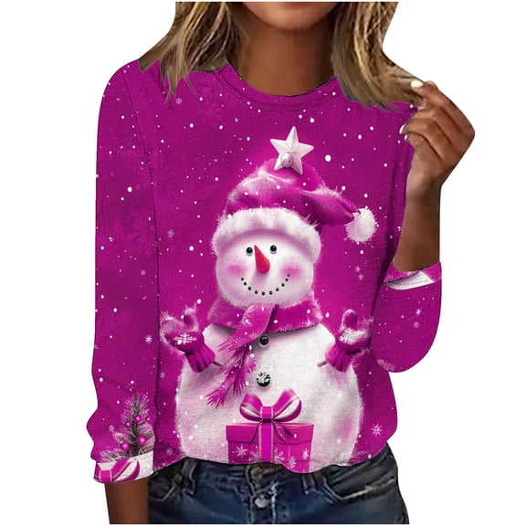 Bcresic Cute Santa Claus Long Sleeve Shirts for Christmas Womens Snowflake Graphic Tunic Tops Casual Crewneck Basic Tee Xmas Holiday Trendy T-Shirts Funny Going Out Pullover Top,#02_Purple,Medium