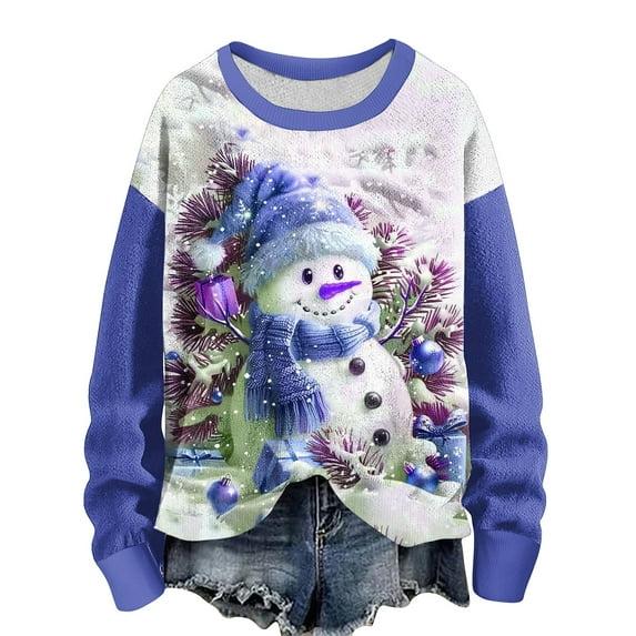 Bcresic Cute Snowman Chirstmas Sweatshirt Women 3D Graphic Pullover Shirts Colorblock Xmas Tree Printed Jumper Tops Oversized Crewneck Drop Shoulder Long Sleeve Hoodie Sweater Shirt,#01_Blue,Medium