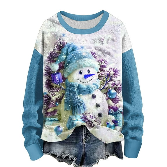 Bcresic Cute Snowman Chirstmas Sweatshirt Women 3D Pullover Shirts Colorblock Xmas Tree Printed Jumper Tops Oversized Crewneck Drop Shoulder Long Sleeve Hoodie Sweater Shirt,#01_Light Blue,3X-Large