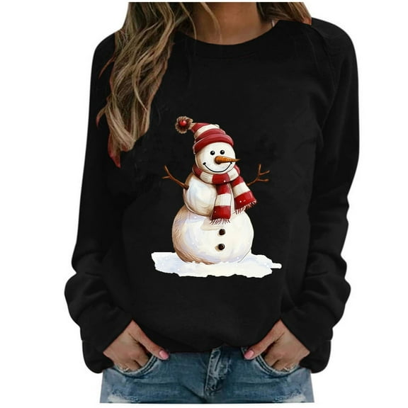 Bcresic Cute Snowman Shirt for Women Christmas Fleece Sweatshirts Casual Crewneck Long Sleeve Raglan Shirts Fashion Xmas Holiday Pullover Tops Fall Winter Comfy Warm Blouse Clothes,#02_Black,Small