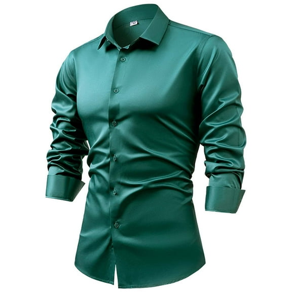 Bcresic Men's Long Sleeve Blouses Tee Button Up Shirts Solid Slim Fit Casual Business Formal Dress Shirt,Green,Medium