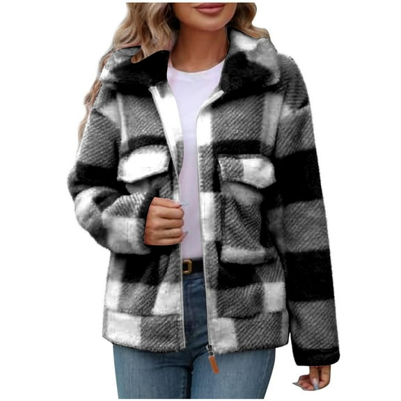 Bcresic Plaid Sherpa Jackets for Women Fuzzy Fleece Winter Coats Laple Full Zip Shacket Casual Warm Teddy Coat Outwear Fashion Long Sleeve Gingham Cardigan(Black,M)